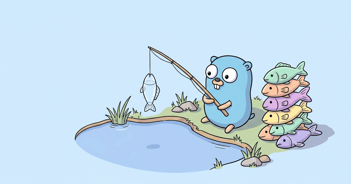 A Go gopher fishing at a lake, with a stack of fish beside him and one empty see-through fish on the line